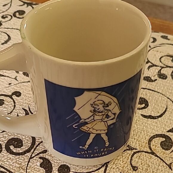 Vintage White and Blue Morton Salt Coffee Mug - Picture 1 of 6
